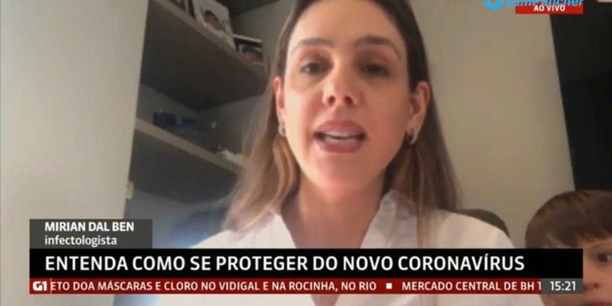 Mirian Dal Ben, infectologista foi interrompida pelo seu filho de 3 anos, durante participação ao vivo para o Globo News (Imagem: Reprodução)