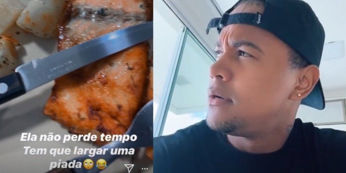 Léo Santana prova a fama de comedor, exibindo um prato feito por ele mesmo (Montagem: TV Foco)