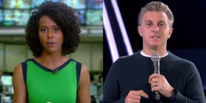 Maju Coutinho no Jornal Hoje e Luciano Huck no Caldeirão; programa teve menos audiência que telejornal (Foto: Reprodução/Globo/Montagem)