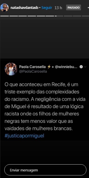 Natasha Dantas compartilhou um tuíte de Paola Carosella (Foto: reprodução)