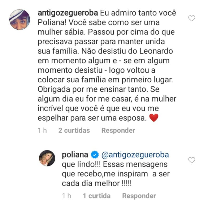 Poliana Rocha interagiu com uma fã que falou sobre as traições de Leonardo