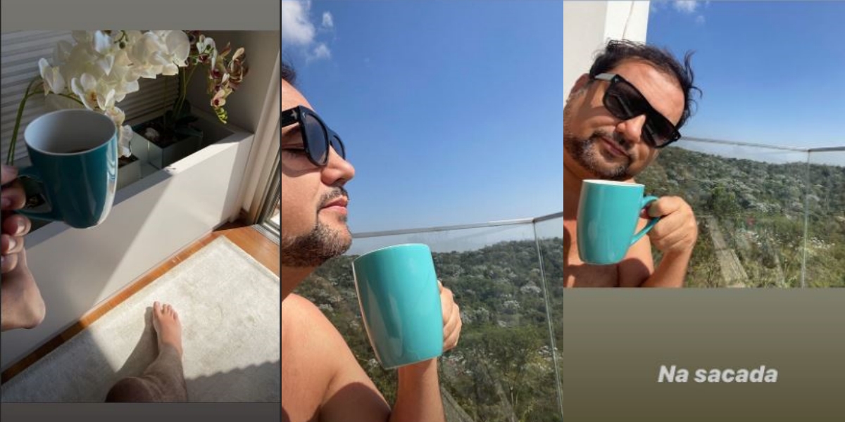 Geraldo Luís tomando café na sacada (Foto: Montagem)