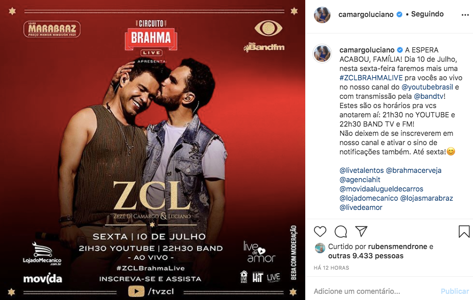 Luciano Camargo anunciou uma nova live com o irmão (Foto: reprodução/Instagram)