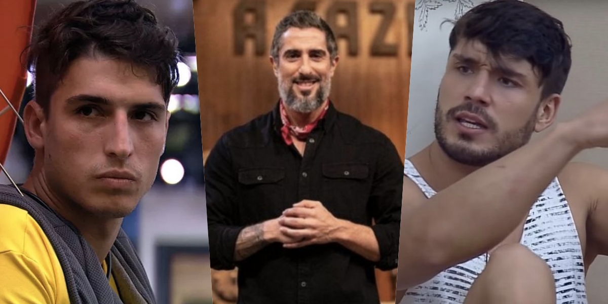 Felipe Prior, cotado para A Fazenda 12, Marcos Mion, o apresentador e Lucas Viana, último vencedor (Foto montagem: TV Foco)