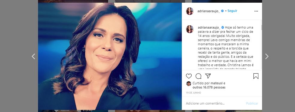 Adriana Araújo se despediu do público através das redes sociais (Foto: Reprodução/Instagram)