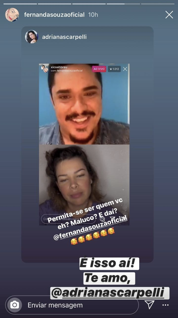 Fernanda Souza em seu stories (Foto: reprodução/Instagram)