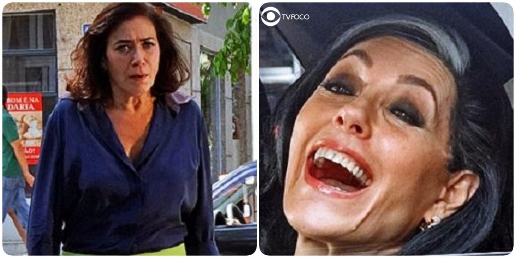 Fotomontagem de Griselda encarando Tereza Cristina gargalhando em cena da novela Fina Estampa