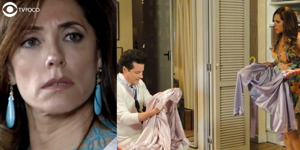 Fotomontagem de Tereza Cristina e de Crô e a vilã com roupas na mão em um quarto na novela Fina Estampa