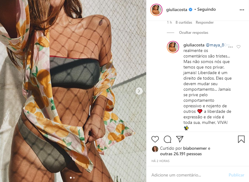 Giulia Costa teve que rebater comentário de mulher (Foto: Reprodução/ Instagram)