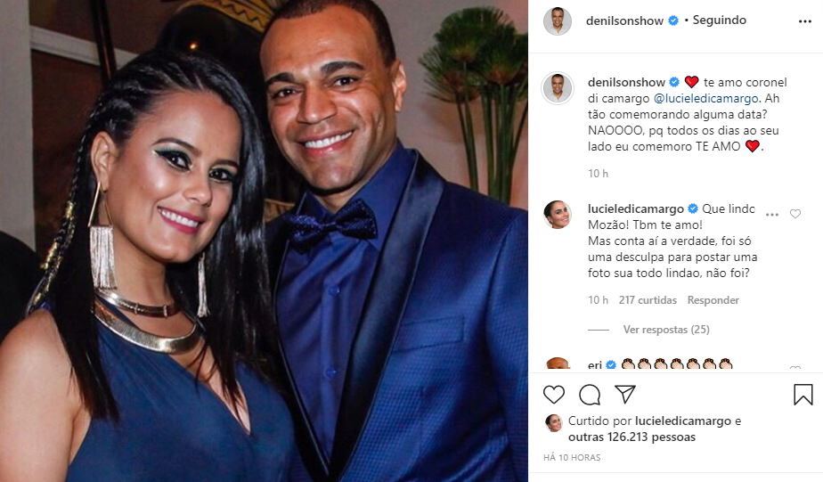 Denílson se declarou para a esposa e ela expôs o marido com resposta (Foto: Reprodução/ Instagram)