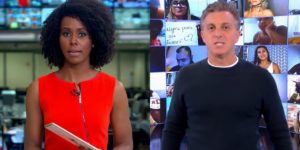 Maju Coutinho no Jornal Hoje e Luciano Huck no Caldeirão; telejornal teve mais audiência que programa (Foto: Reprodução/Globo)