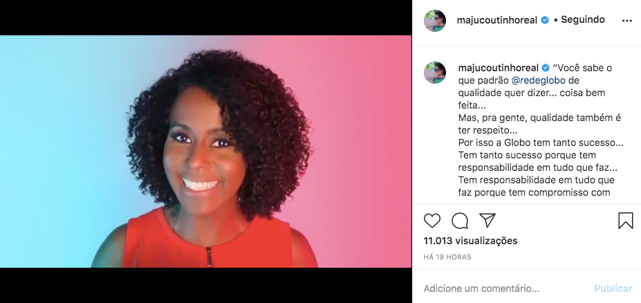 Maju Coutinho no novo vídeo institucional da Rede Globo (Foto: reprodução/Instagram)