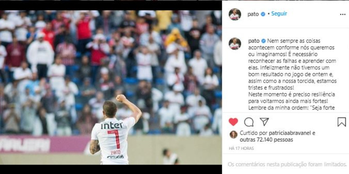 Pato fez lamentação nas redes sociais (Foto: Reprodução/Instagram)