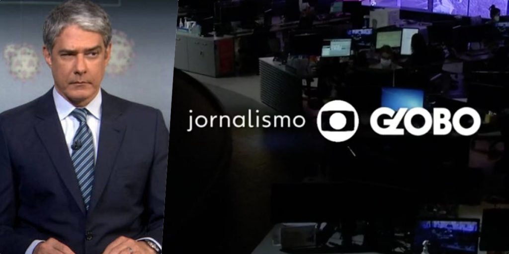 William Bonner, ao vivo, no Jornal Nacional da Globo viu as luzes da redação completamente apagadas (Foto montagem) 