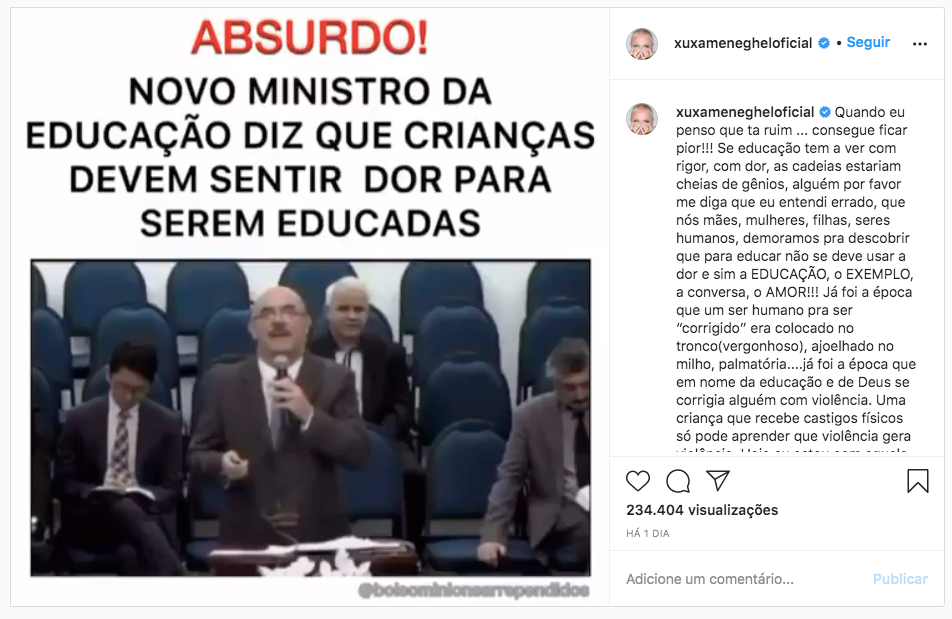 Xuxa não poupou nas palavras ao criticar o ministro da educação (Foto: reprodução/Instagram)Xuxa não poupou nas palavras ao criticar o ministro da educação (Foto: reprodução/Instagram)