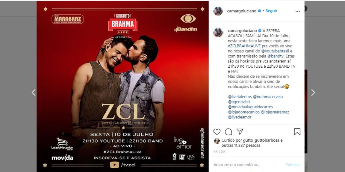 Zezé Di Camargo e Luciano farão nova live no fim de semana (Foto: Reprodução/Instagram)