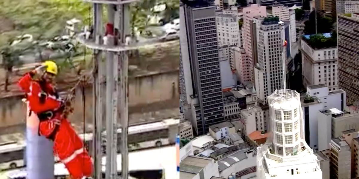 César Tralli mostra homem no topo de edifício em São Paulo (Foto: Montagem)