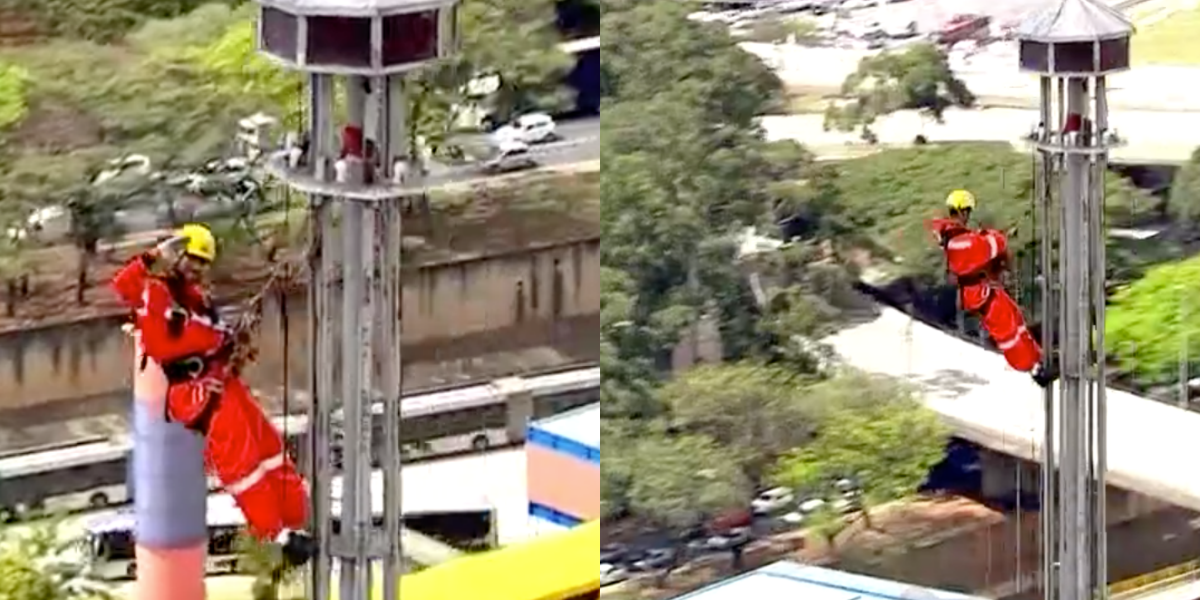 Homen no topo do prédio acena para helicóptero ao vivo na Globo (Foto: Montagem)