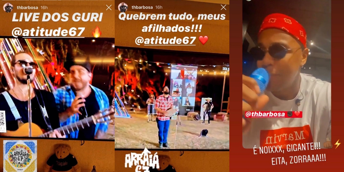 Instagram Stories de Thiaguinho com Atitude 67 e Léo Santana (Foto: Montagem)