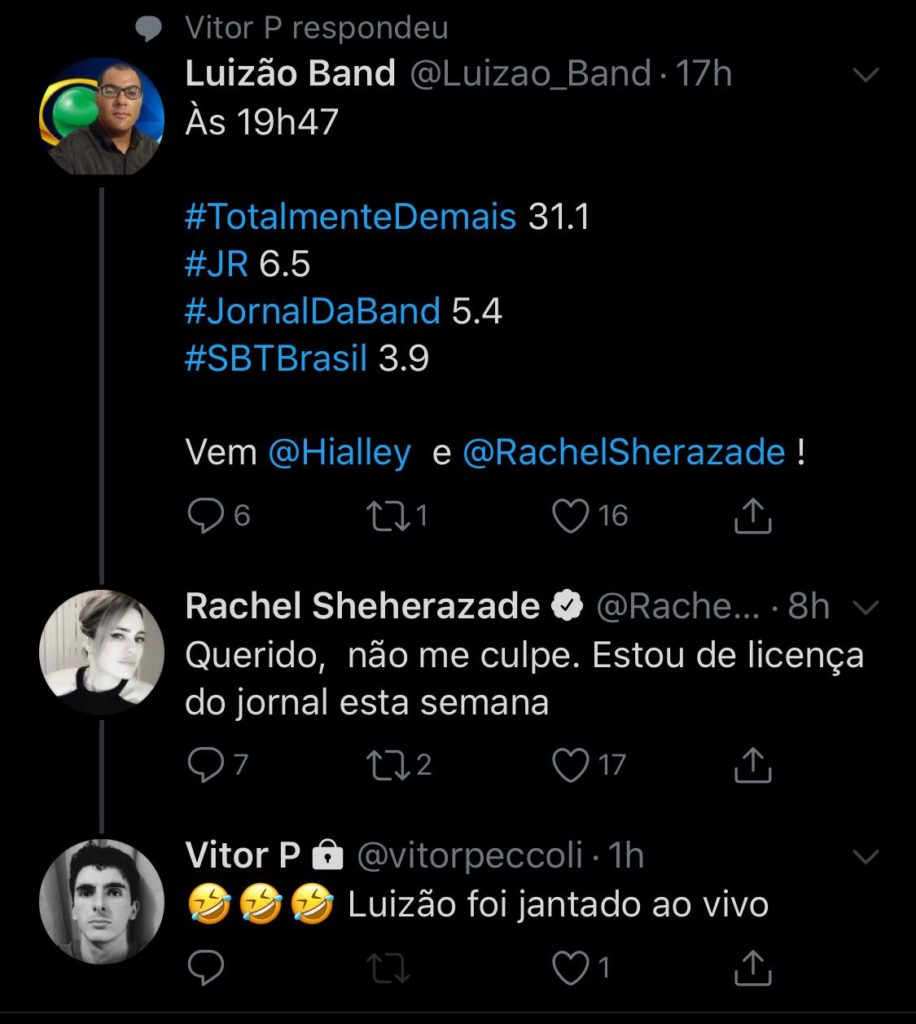 Rachel Sheherazade responde seguidor no Twitter (Foto: Reprodução)