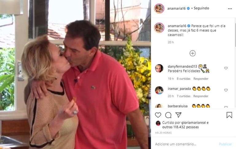 Ana Maria Braga mostra beijaço no marido para comemorar seis meses casada - (Reprodução/ Instagram)