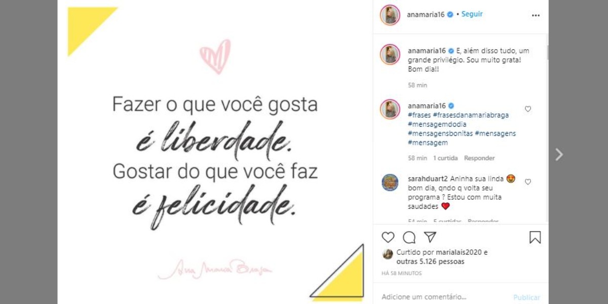 Ana Maria Braga fez publicação surpreendente nas redes sociais (Foto: Reprodução/Instagram)