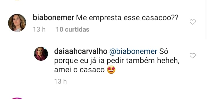 Bia Bonemer elogiou casaco de Giulia Costa (Reprodução)