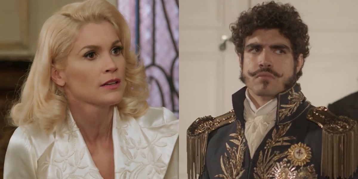 Flávia Alessandra (Sandra) em Eta Mundo Bom e Caio Castro (Dom Pedro I) em Novo Mundo; reprise vespertina superou audiência da novela reexibida no horário nobre (Foto: Reprodução/Globo)