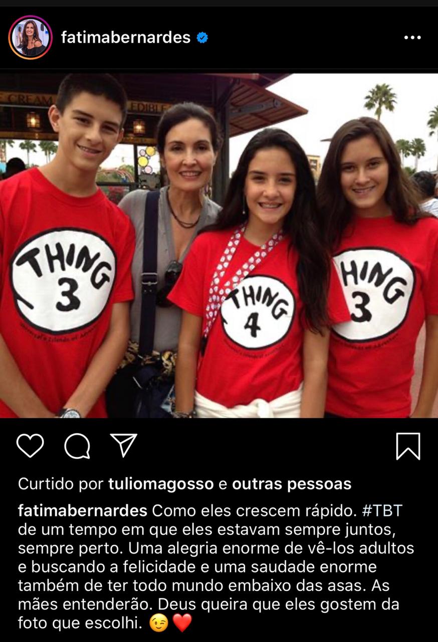 Fátima Bernardes sente falta de ter os filhos juntos em casa - (Reprodução/Instagram)