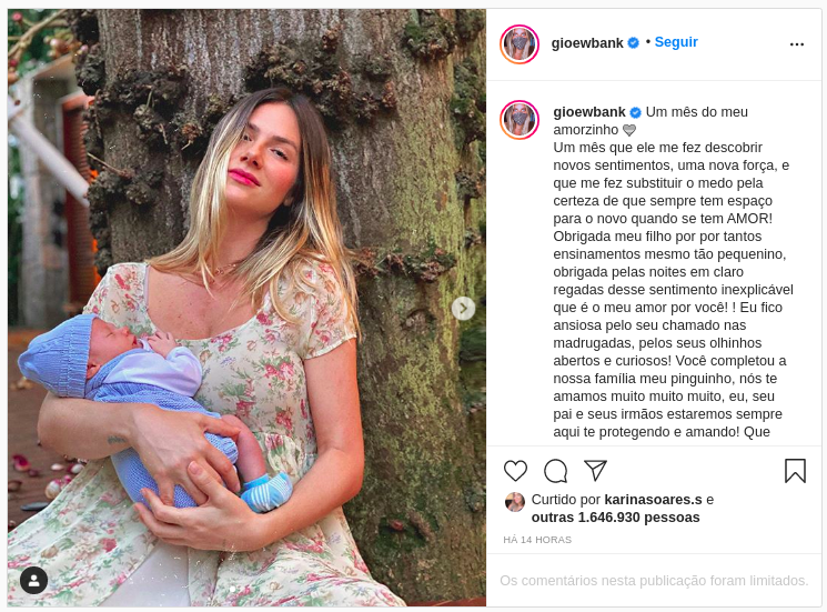 Giovanna Ewbank celebra primeiro mês de nascimento do pequeno Zyan, seu terceiro filho com o ator Bruno Gagliasso (Foto: Reprodução/ Instagram)