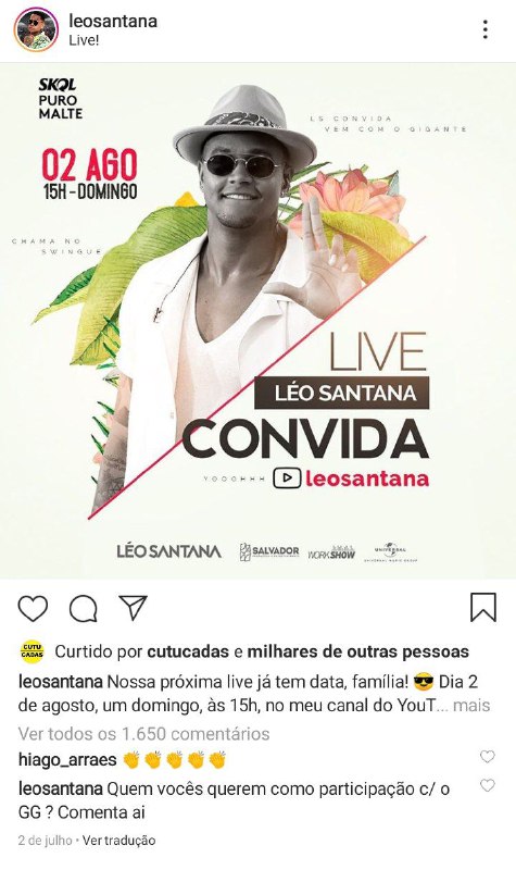 Léo Santana mudou o horário da apresentação três vezes depois que descobriu o horário da live de Gusttavo Lima (Foto: Reprodução/ Instagram)