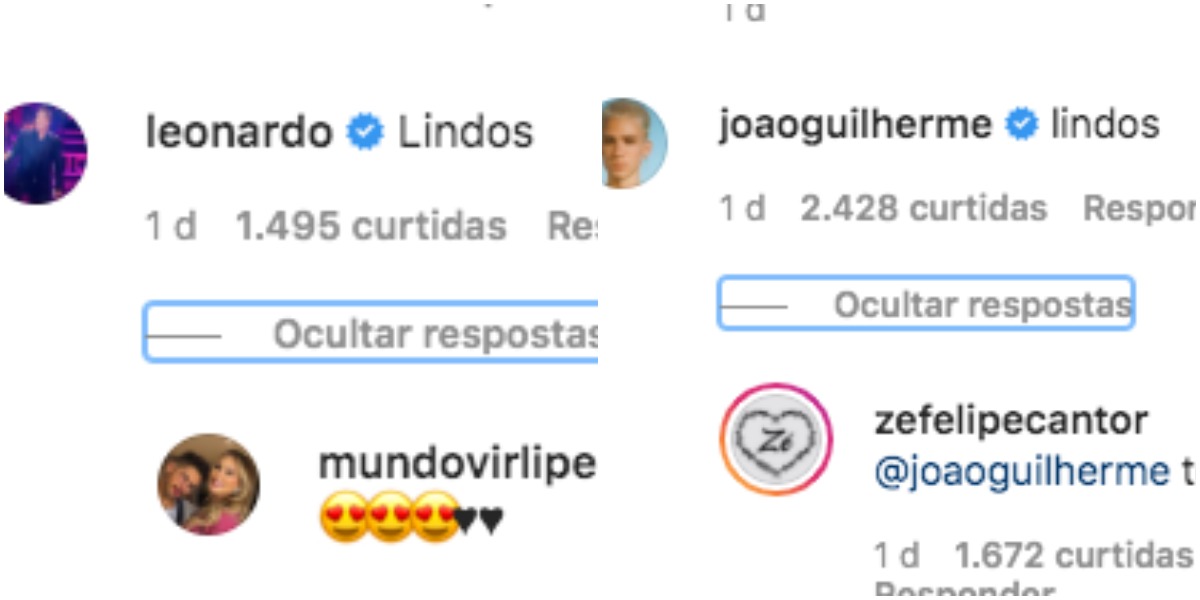 João Guilherme e Leonardo comentaram em postagem de Zé Felipe, mas não interagiram entre si nas 'replies'