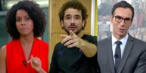 Maju Coutinho no Jornal Hoje, Felipe Andreoli no Globo Esporte e Cesar Tralli no SP1; esportivo teve mais audiência que telejornais (Foto: Reprodução/Globo)