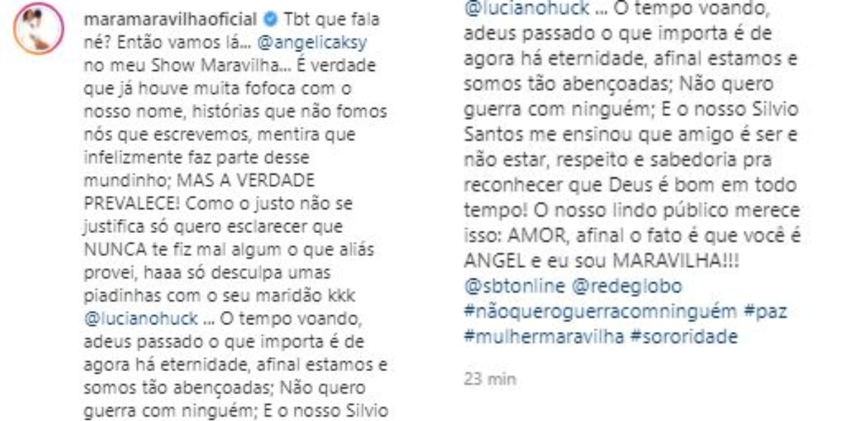 Mara Maravilha falou sobre amizade com Angélica (Foto: Reprodução/Instagram)