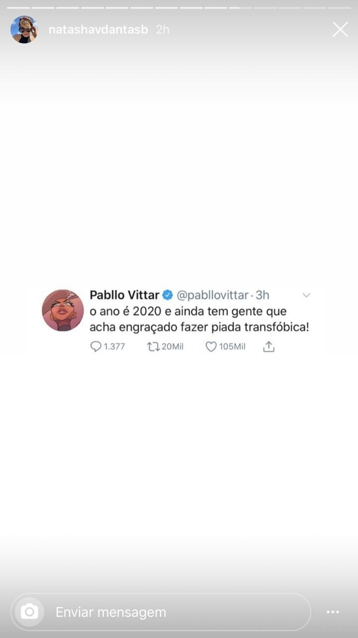 Natasha Dantas se envolveu em uma polêmica ao compartilhar o tweet de Pabllo Vittar (Foto: reprodução/Instagram)