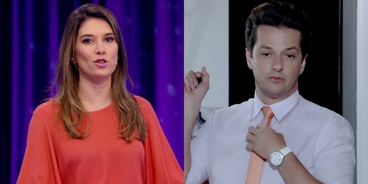 Rebeca Abravanel no comando do Roda a Roda e Marcelo Serrado (Crô) em Fina Estampa; filha de Silvio Santos perdeu audiência contra novela das nove (Foto: Reprodução/SBT/Globo)