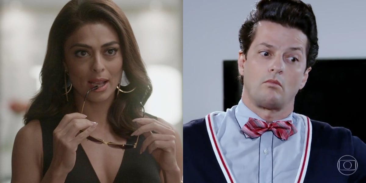 Juliana Paes (Carolina) em Totalmente Demais e Marcelo Serrado (Crô) em Fina Estampa; novela das sete ameaçou trama das nove na audiência (Foto: Reprodução/Globo)