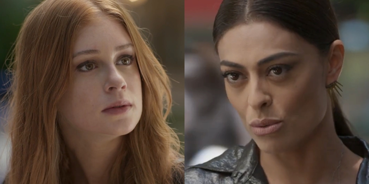 Eliza (Marina Ruy Barbosa) e Carolina (Juliana Paes) em Totalmente Demais; vilã se vinga da mocinha forjando traição (Foto: Reprodução/Globo)