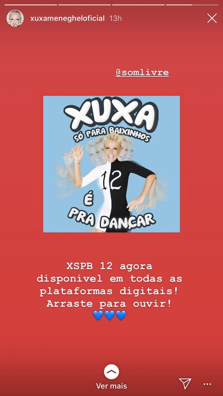 Xuxa comemorou que mais um de seus álbum agora está disponível nas plataformas digitais (Foto: reprodução/Instagram)