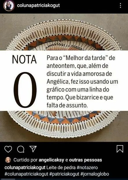 Patrícia Kogut deu zero para Catia Fonseca e foi curtida por Angélica (Foto: reprodução/Instagram)