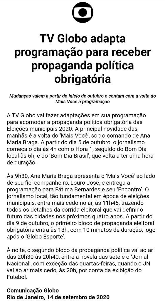 Comunicado da Globo sobre a volta de Ana Maria Braga (Foto: reprodução)