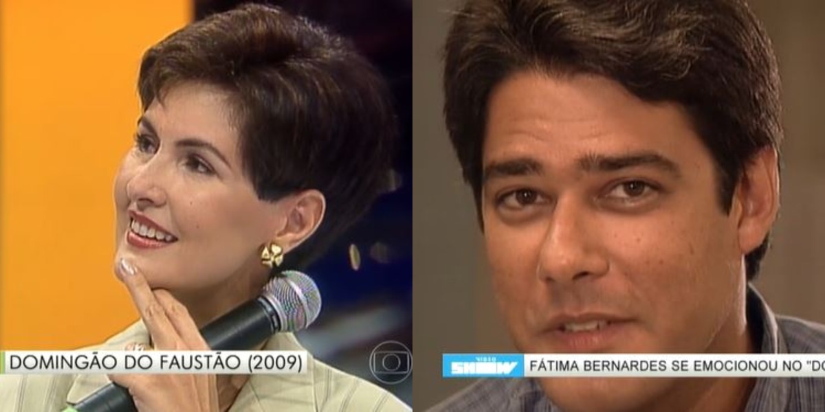 Fátima Bernardes e William Bonner no "Arquivo Confidencial", em 1998 (Foto: Reprodução/TV Globo)