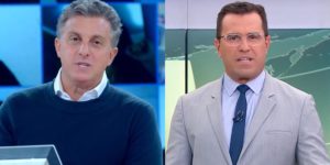 Luciano Huck no Caldeirão e Rodrigo Bocardi no Jornal Hoje; marido de Angélica foi superado por três atrações vespertinas da Globo na audiência (Foto: Reprodução/Globo)