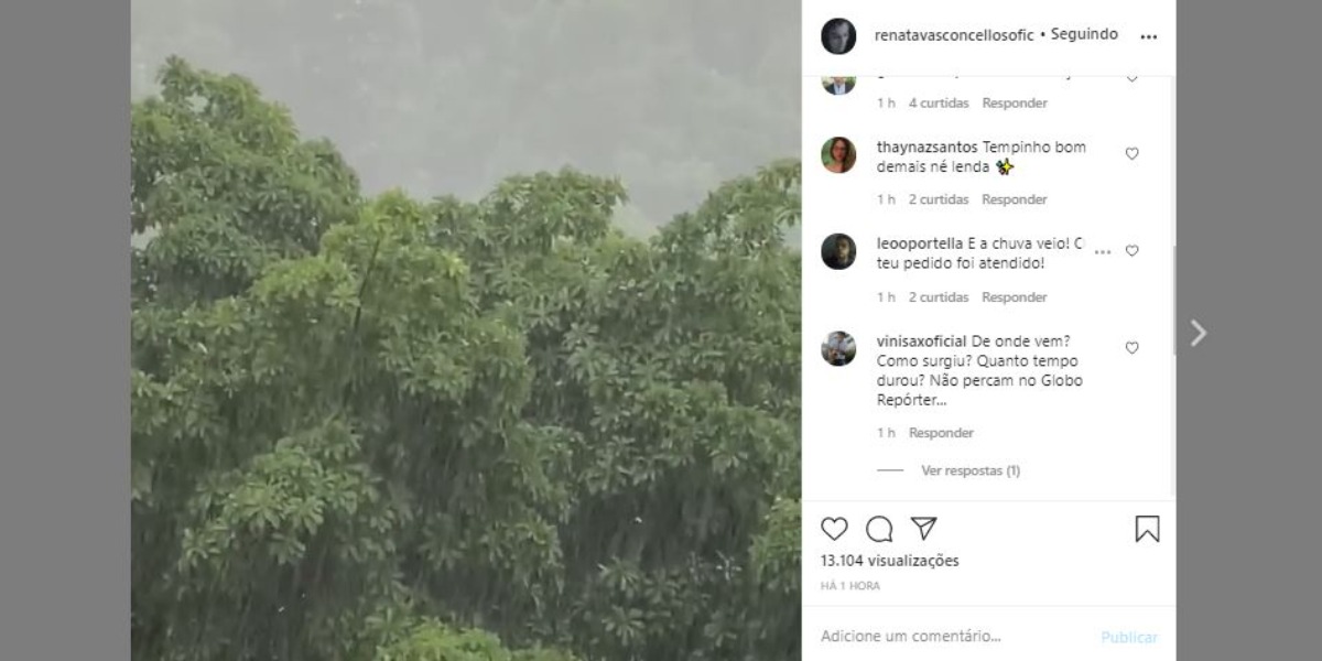 Renata Vasconcellos compartilhou vídeo de chuva nas redes sociais (Foto: Reprodução/Instagram)