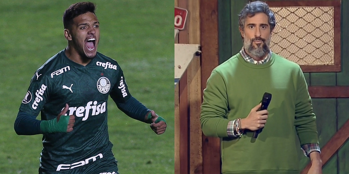 O meia Gabriel Menino no jogo do Palmeiras e o apresentador Marcos Mion em A Fazenda 12; futebol no SBT perdeu para a Record na audiência (Foto: Cesar Greco/Palmeiras e Reprodução/Record)