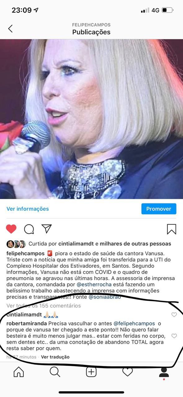 Roberta Miranda fez uma grave insinuação sobre os cuidados que estão tendo com Vanusa (Foto: Reprodução/ Instagram)