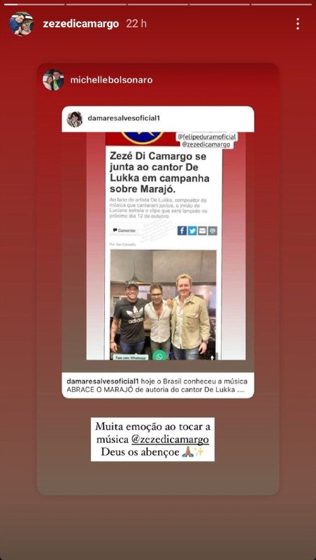 Zezé Di Camargo recebeu o apoio de Michelle Bolsonaro (Foto: Reprodução/ Instagram)