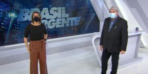 Catia Fonseca e Datena durante as gravações do Brasil Urgente (Foto: Reprodução / Band)