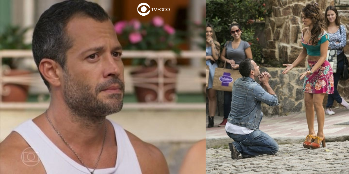 Apolo se ajoelha em frente a Tancinha em foto montagem da novela Haja Coração