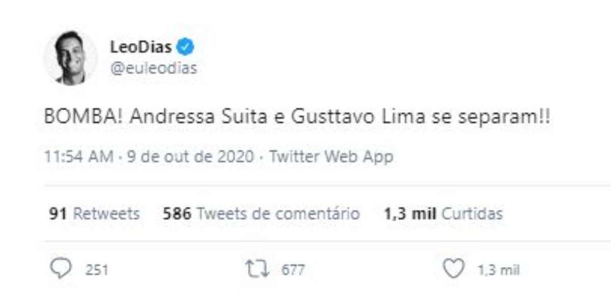 Leo Dias anunciou separação de Gusttavo Lima e Andressa Suita (Foto: Reprodução/Twitter)